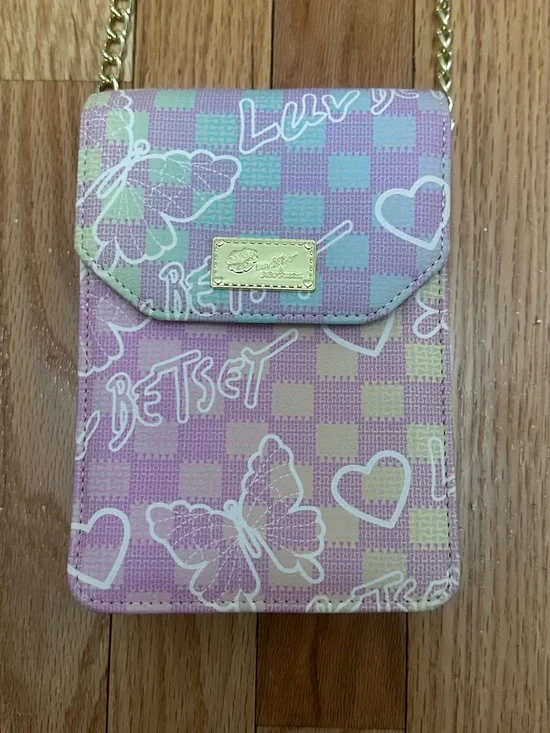 NWOT Betsey Johnson Pastel Pink Lavender Checker Butterfly Crossbody Pouch - Picture 3 of 9
